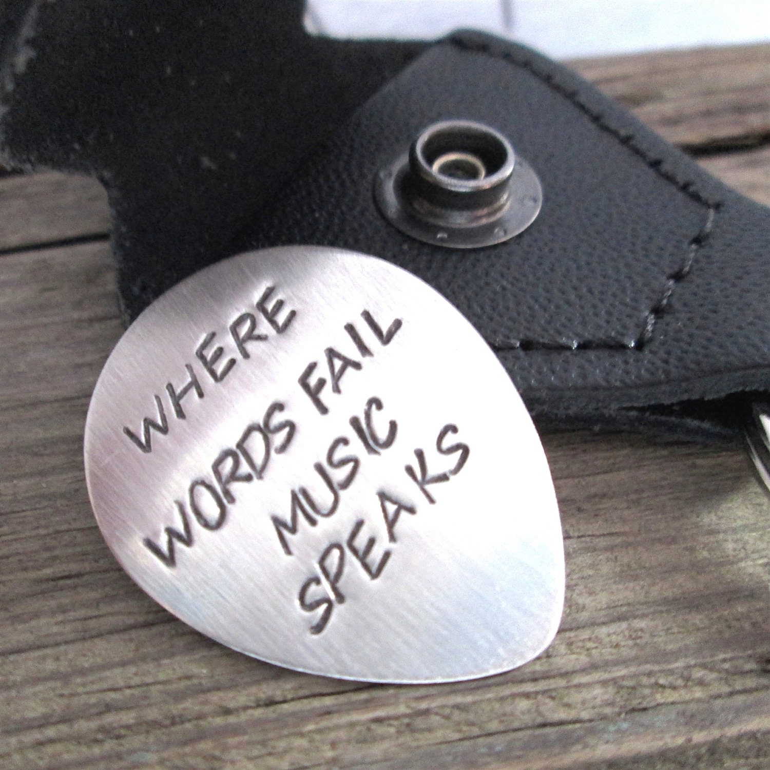 Where Words Fail Music Speaks Guitar Pick - wedding groom gift - sterling silver guitar pick with leather case - personalized guitar picks