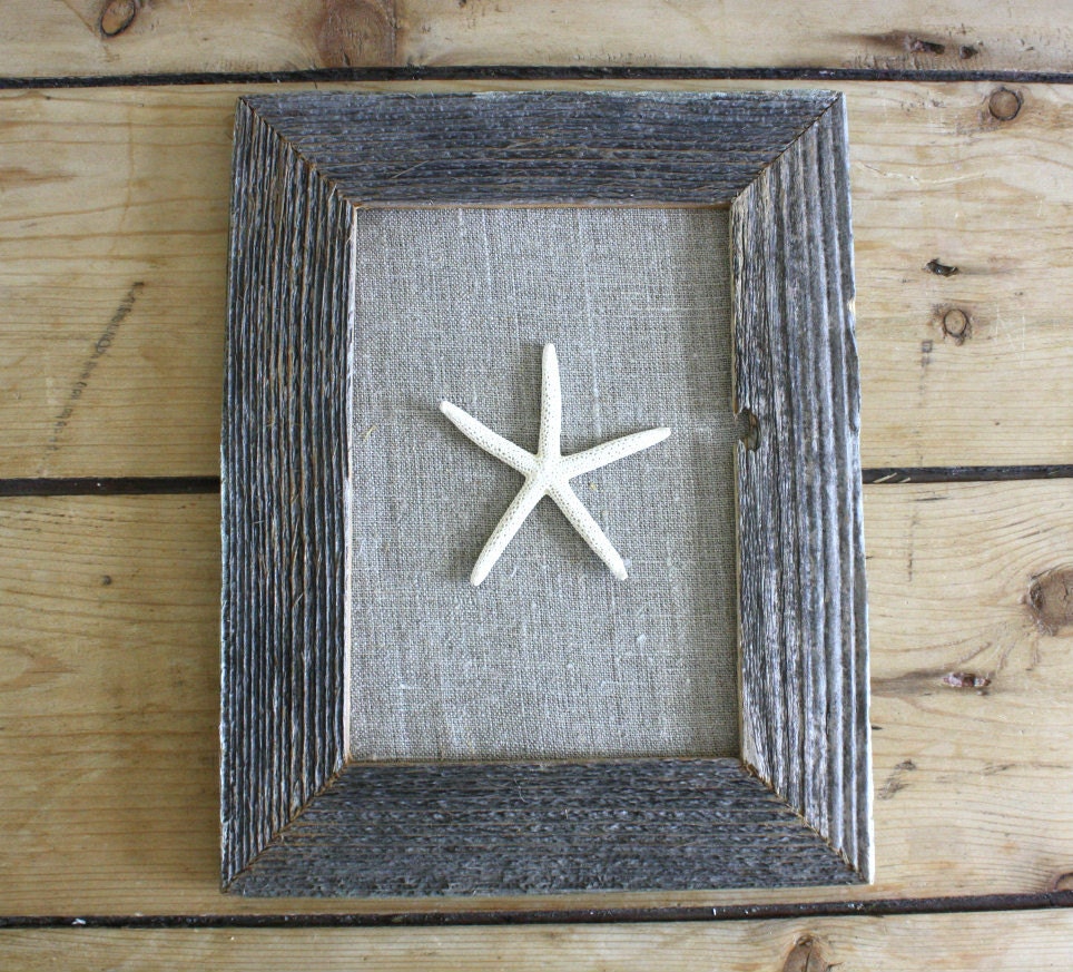 Sea Star - Star fish Art  old barnwood frame antique flax Linen