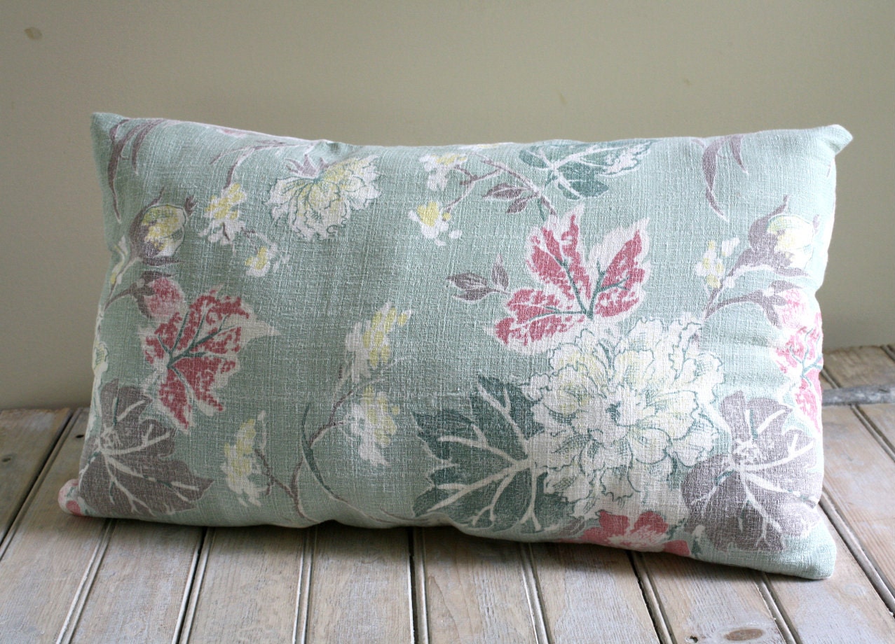 Vintage  hemp linen and faded barkcloth pillow organic wool throw pillow beach house floral