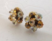 Memorial Day Sale Vintage rivioli margarita cluster earrings in metallic golden brown and clear aurora borealis with clear rhinestone cente