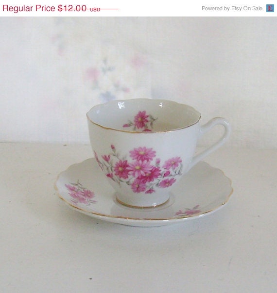 Mothers Day Sale Vintage tea cup and saucer set with pink daisies img