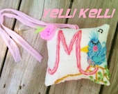 Crewel Initial on Burlap  Hand Embroidered  Mini Pillow You Choose Design