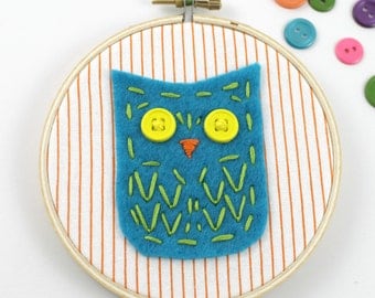 Felt Owl Embroidery Hoop Wall Art Nursery Decor Teal Orange Green