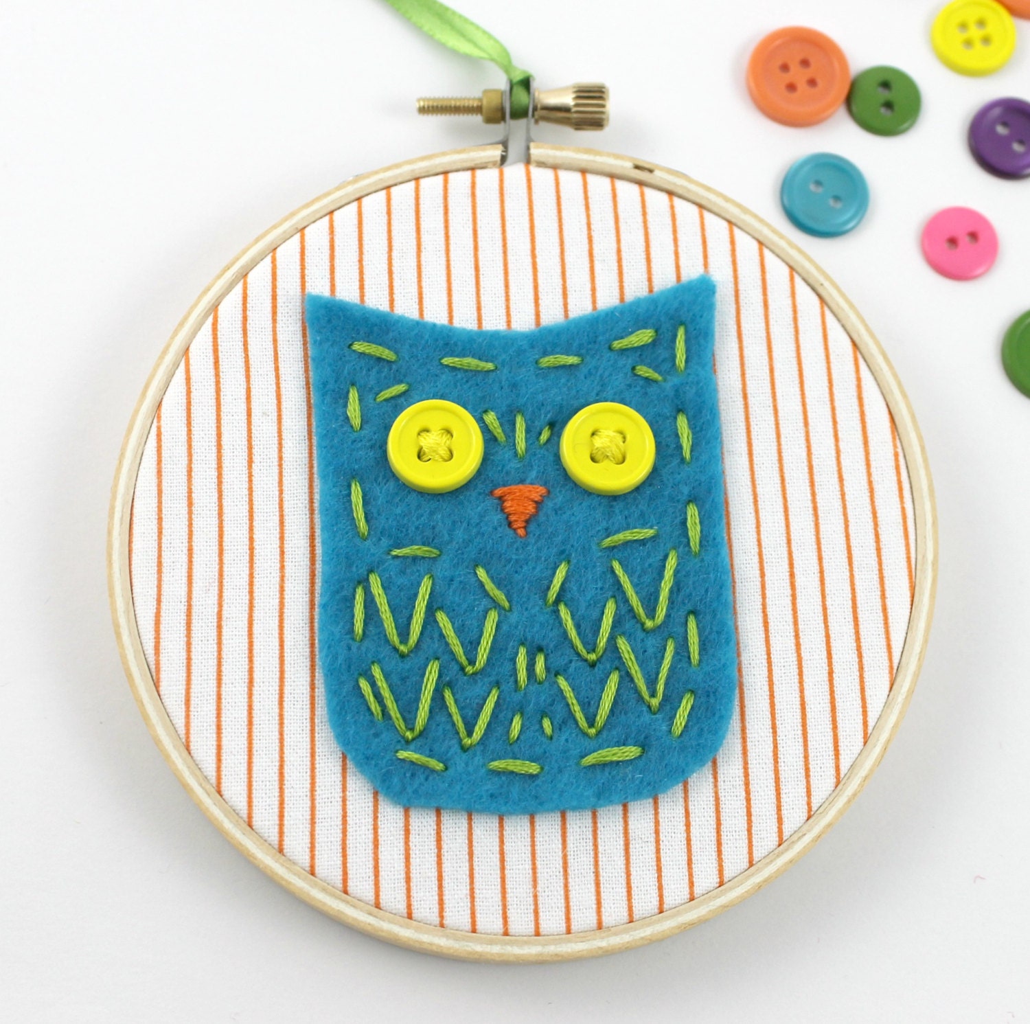 Felt Owl Embroidery Hoop Wall Art Nursery Decor Teal Orange Green