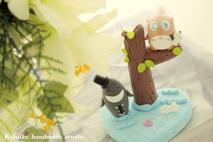 lovey  owl and shark with  tree Wedding Cake Topper