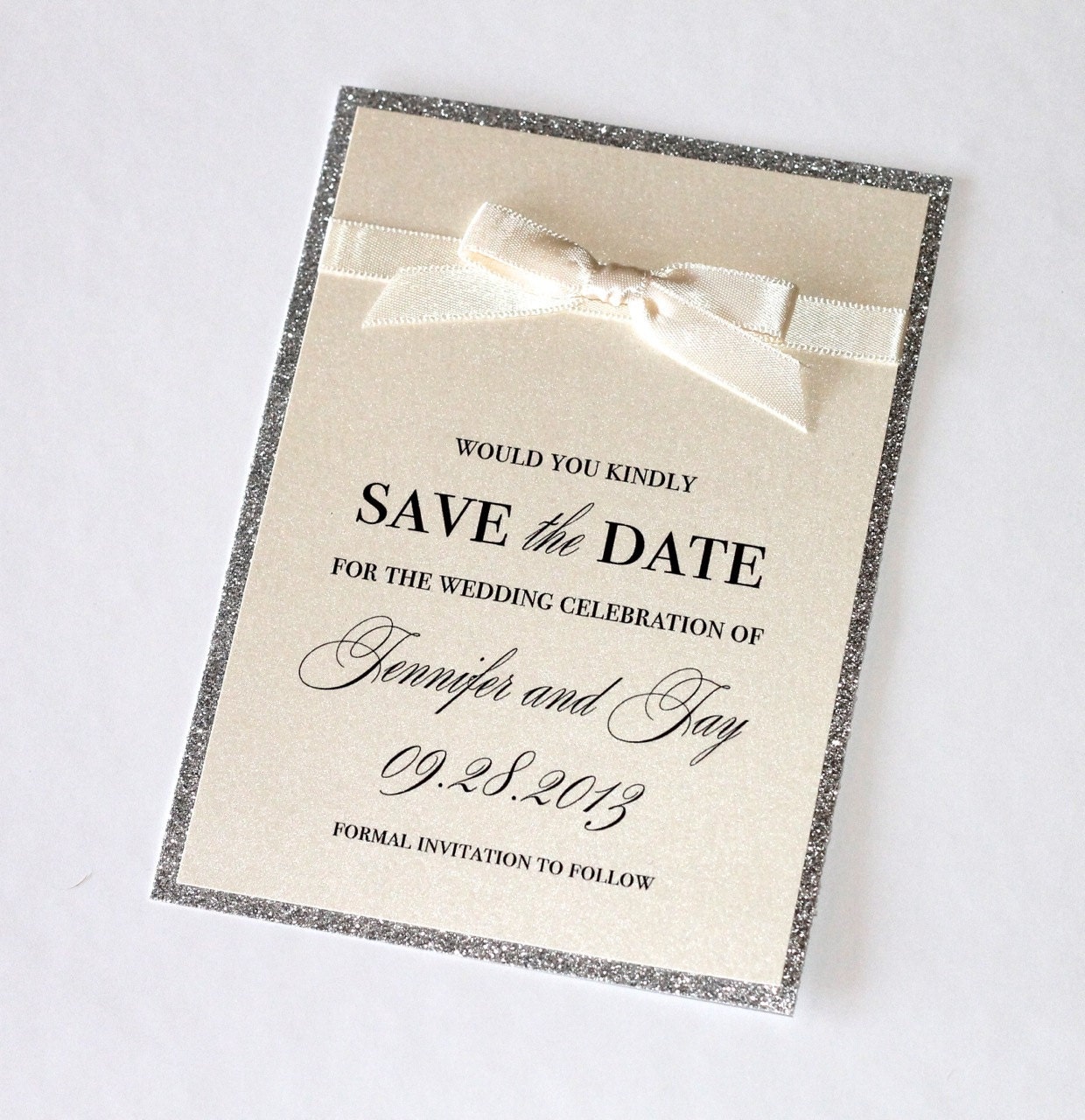 Jennifer Couture Save the Date for Wedding or Special Event - Ivory and Silver Glitter