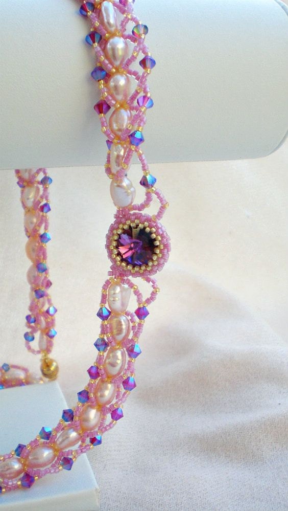 Rivoli Pearl Purple Swarovski Beaded Beadwoven  necklace Unique Jewelry Deep Purple
