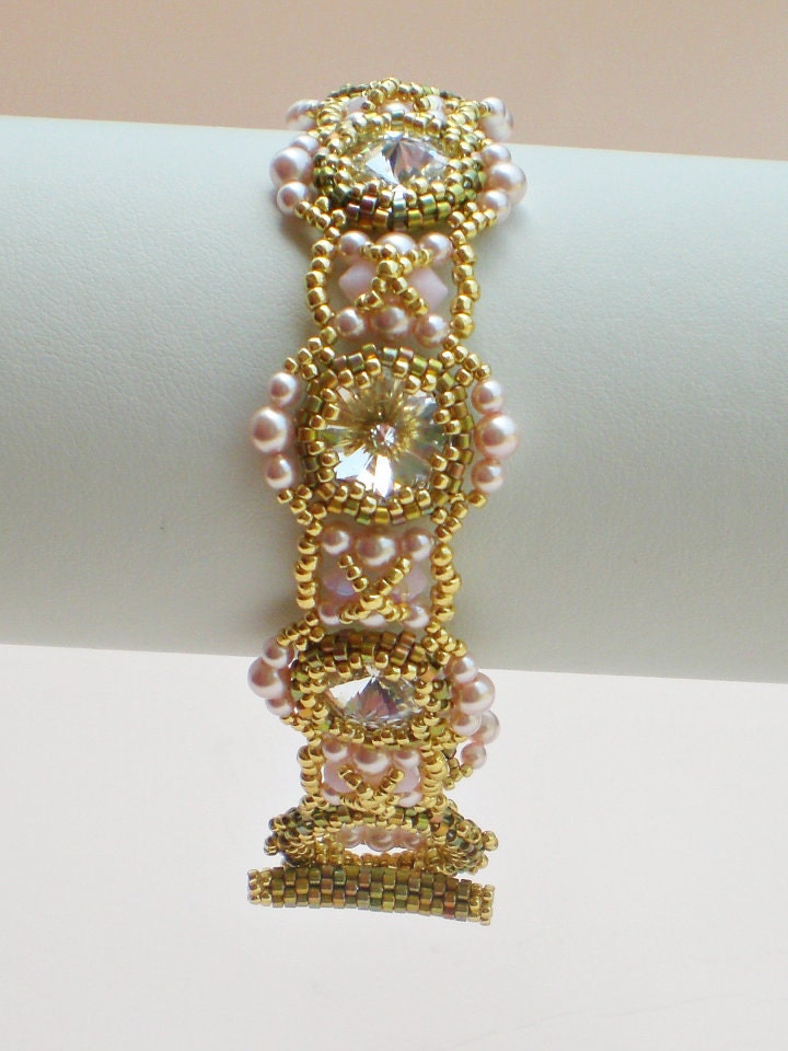 Rivoli Bracelet  Pink Gold Beadwoven Beaded Beadwork Beadweaving Jewelry Unique  June Bride