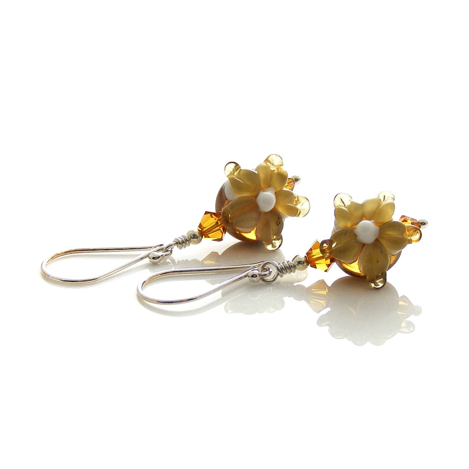 Mocha Flower Earrings, Handmade Sterling Silver & Lampwork Glass Earrings, Pale Topaz Brown Dangle Earrings, One of a kind