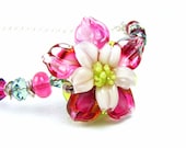 Lampwork Glass Necklace, Handcrafted Sterling Silver Necklace, Ruby & Emerald Hibiscus, OOAK One of a kind Handmade Necklace