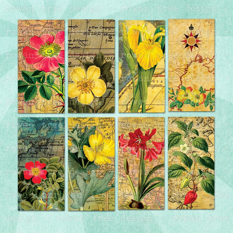 Printable Collage Sheet MAPS & FLOWERS 2x1in Domino Tile - no. 0009