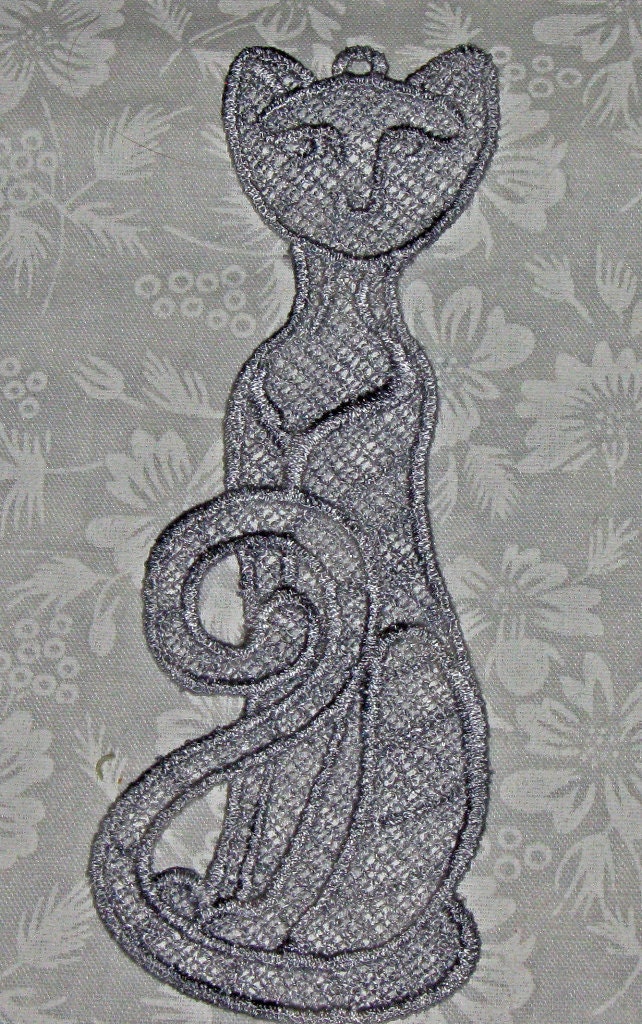 Lace Shaded shades of grey Kitty Cat Bookmark or applique Machine Embroidered