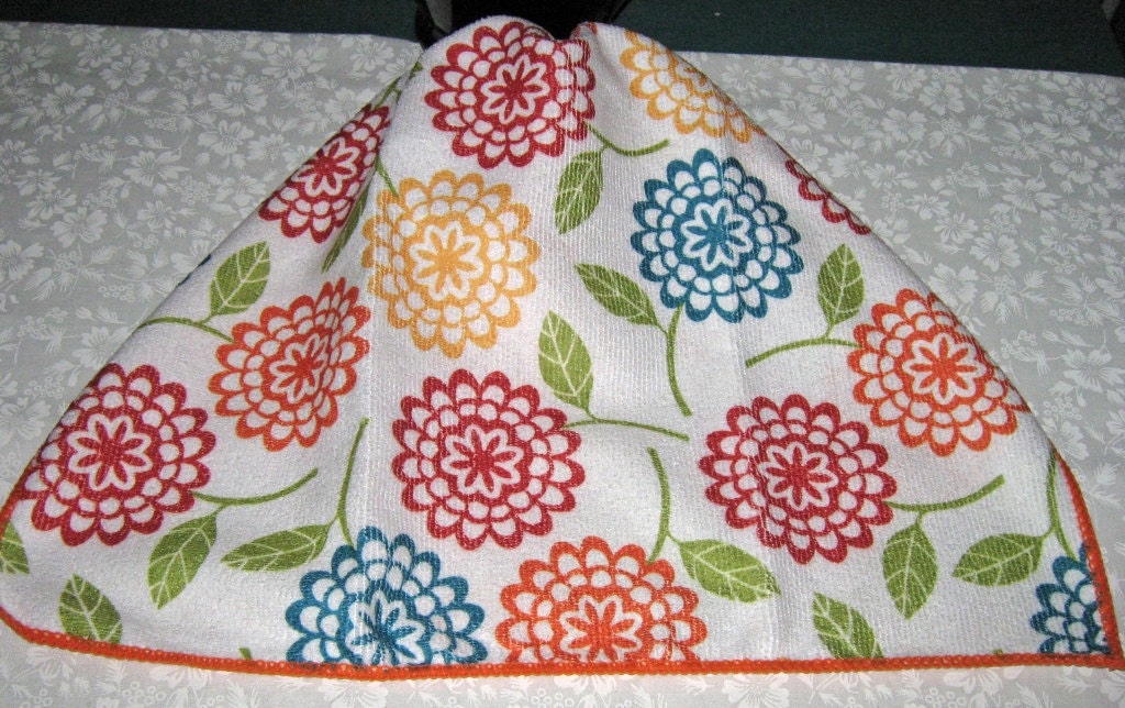 Crochet Kitchen Hanging Microfiber Towel, white colorful flowers, orange border and top