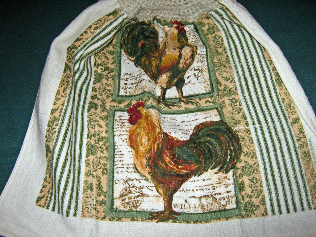 One Kitchen Crochet hanging Towel Rooster Design,beige top
