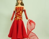 OOAK  Red Versatile Barbie Evening Dress with Shawl, Corset, Belt, Wristlets, and Jewelry