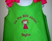 Custom made boutique appliqued monogrammed embroidered Big Sister a line dress jumper or jon jon shortalls