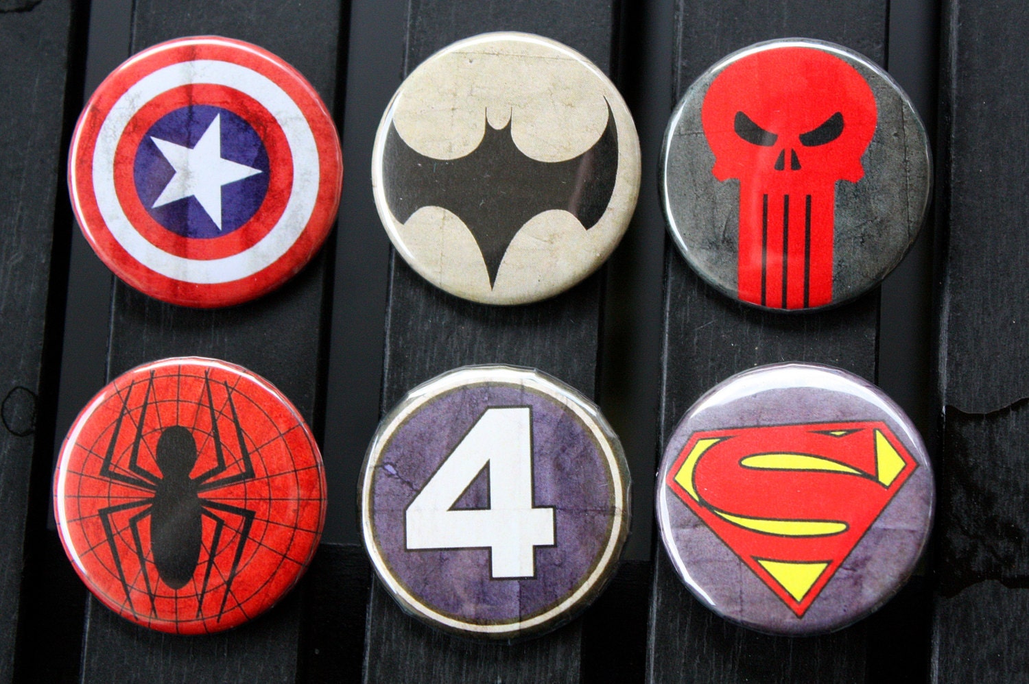Superhero, Spider-Man, Batman, Superman, Avengers, Captain America, Marvel, Fantastic Four, Punisher set of 6 pinback buttons