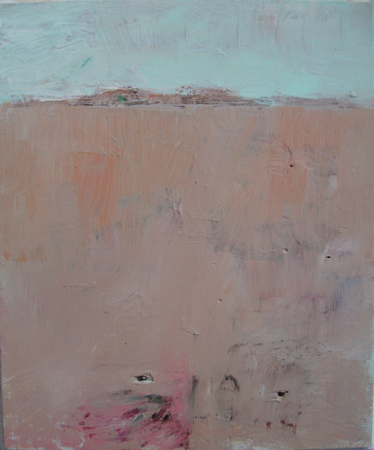 Peachscape, Original mixed media painting on wood with beleved edges