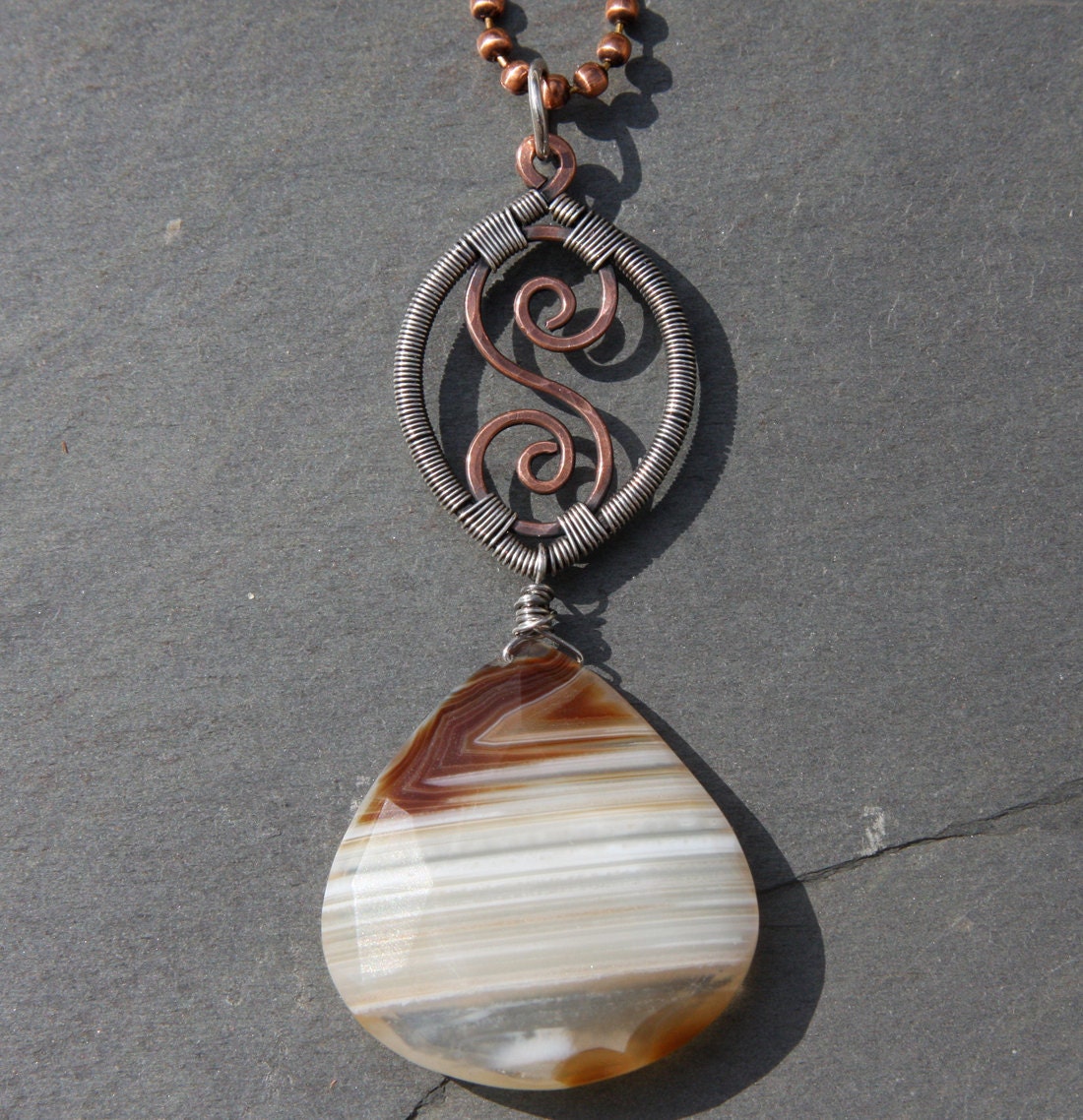 Camel Agate Sterling and Copper Necklace