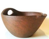 Wood-soda fired earthenware mixing bowl, handmade batter bowl, dark brown natural clay
