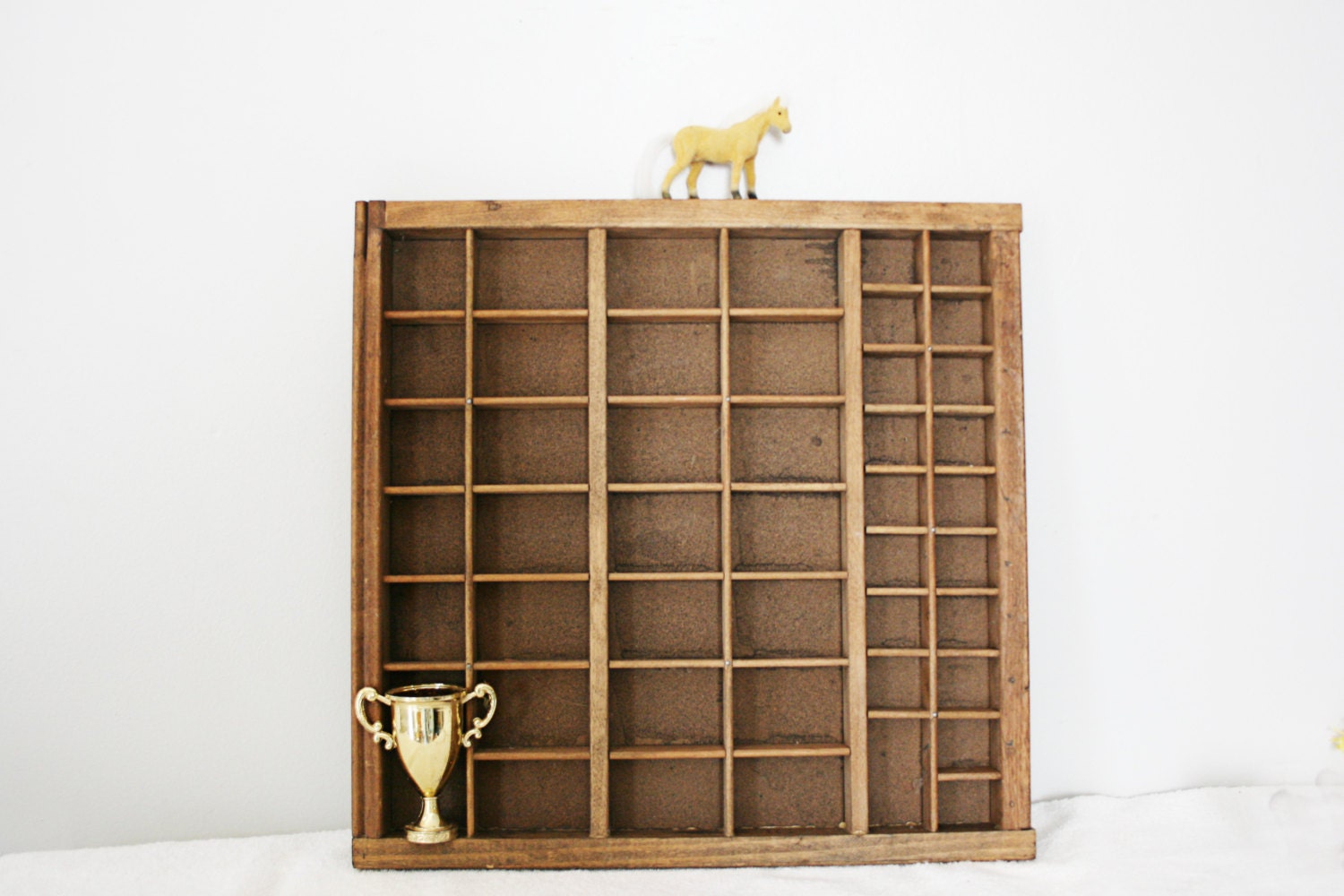vintage Letterpress Tray Divided Wooden Shelf Wall Hanging Curio Case