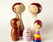 FREE SHIPPING Wood Family of 5 Portrait Dolls children, pet - OOAK - Personalized - Wooden hand painted father mother dog cat special gift