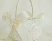 Ivory Lace Flower Girl Basket - Beaded Alencon Lace - READY TO SHIP