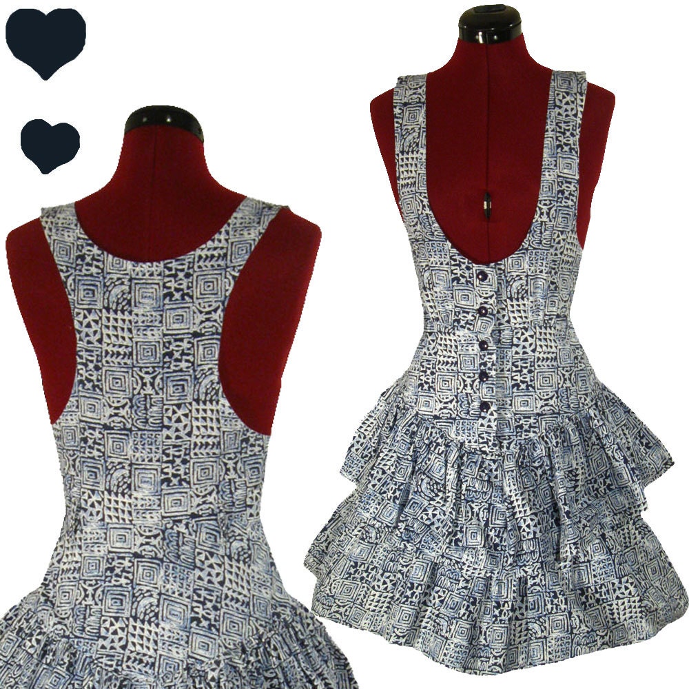 Dress Vintage 80s 90s Blue White JUMPER Tiered Skirt Dress XS S Suspender Indie Festival