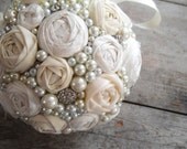 Ivory Rosette, Rhinestone and Pearls Pomander- Fabric Flower Kissing Ball, Vintage Style Wedding Bouquet