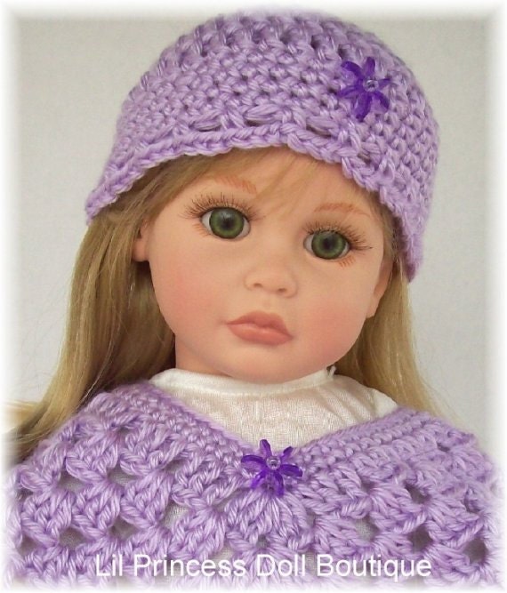 Fits Katie by Effanbee (Tonner) Crochet, 2 Pc Poncho and Hat Set, LAVENDER, 18 Inch Handmade Doll Clothes
