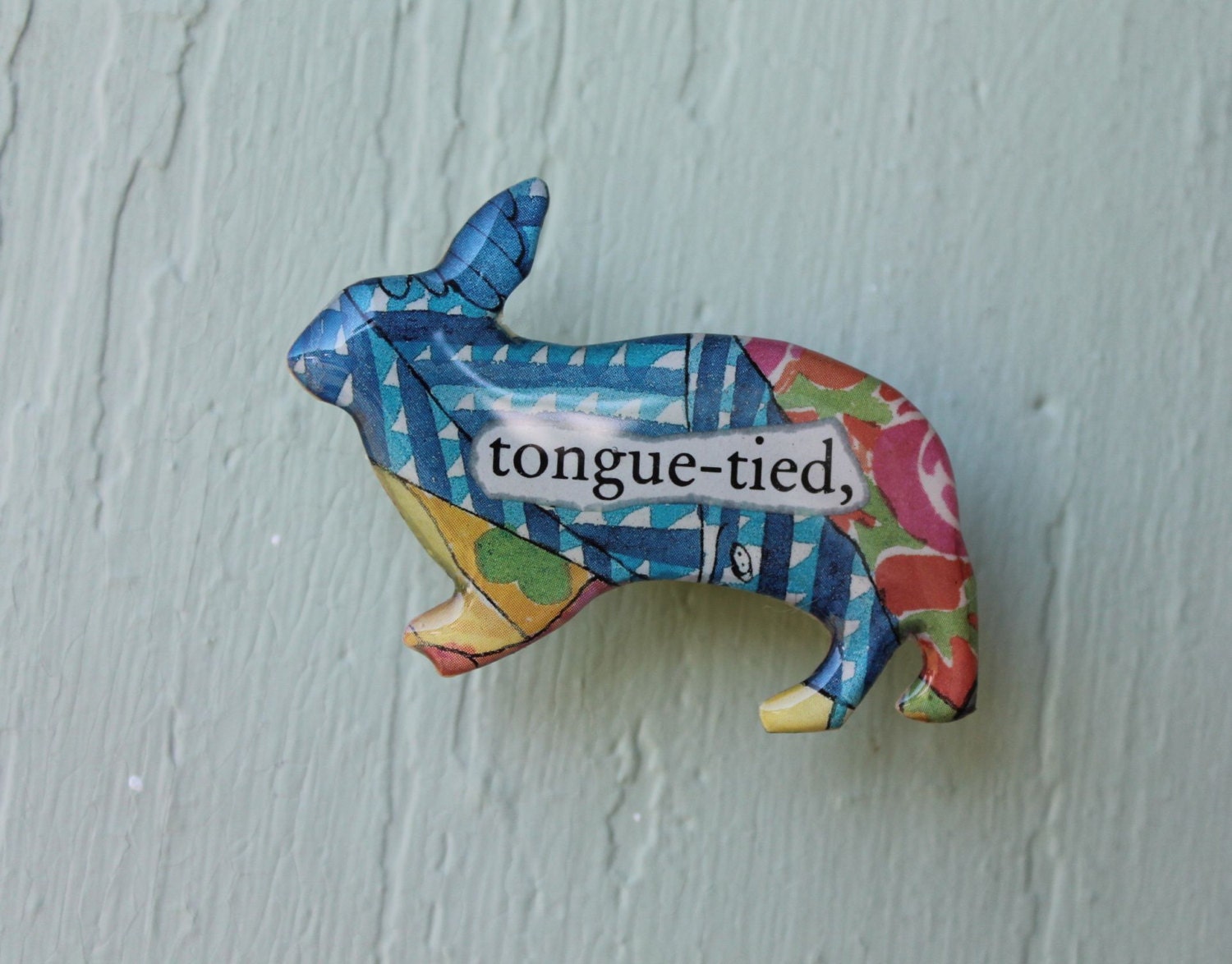 Tongue-tied bunny - upcycled paper brooch