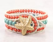 Leather Cuff Bracelet Bohemian Style Wrap Bracelet White Coral Jade Green Boho Jewelry Made To Order Custom Starfish Beach Fashion for Mom