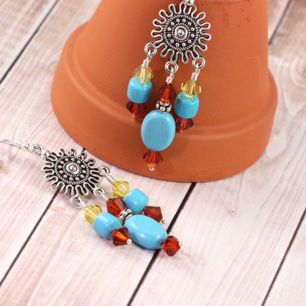 Turquoise Earrings Southwest Jewelry Indian Red Crystal Topaz Sterling Ear Wires