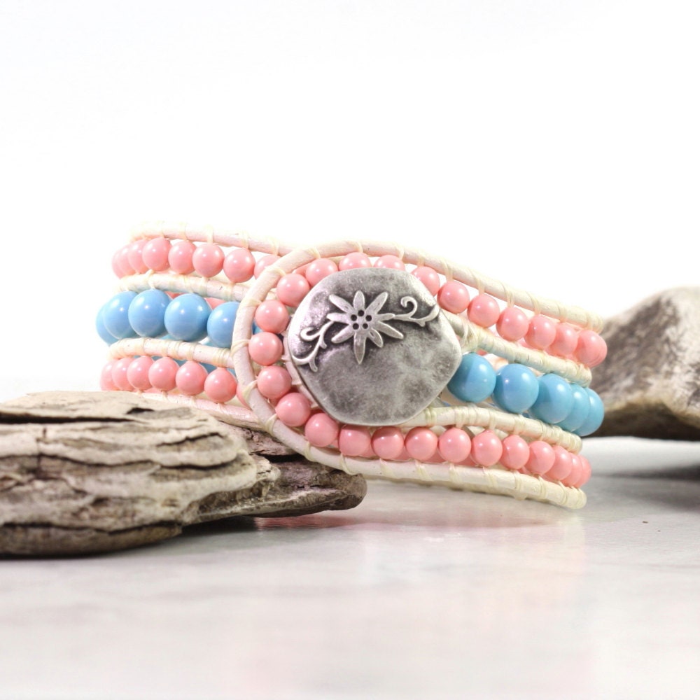 Leather Cuff Bracelet Beach Fashion Wrap Bracelet White Pink Coral Blue Turquoise Pearl Jewelry Made To Order Custom Anemone Boho Fashion