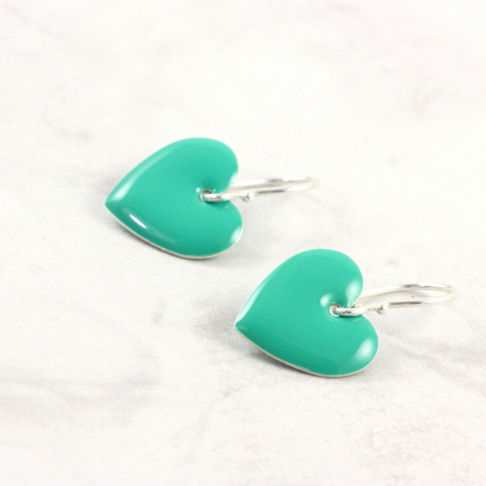 Heart Earrings Valentine Jewelry Enameled Sterling Silver Teal Green Spring Fashion