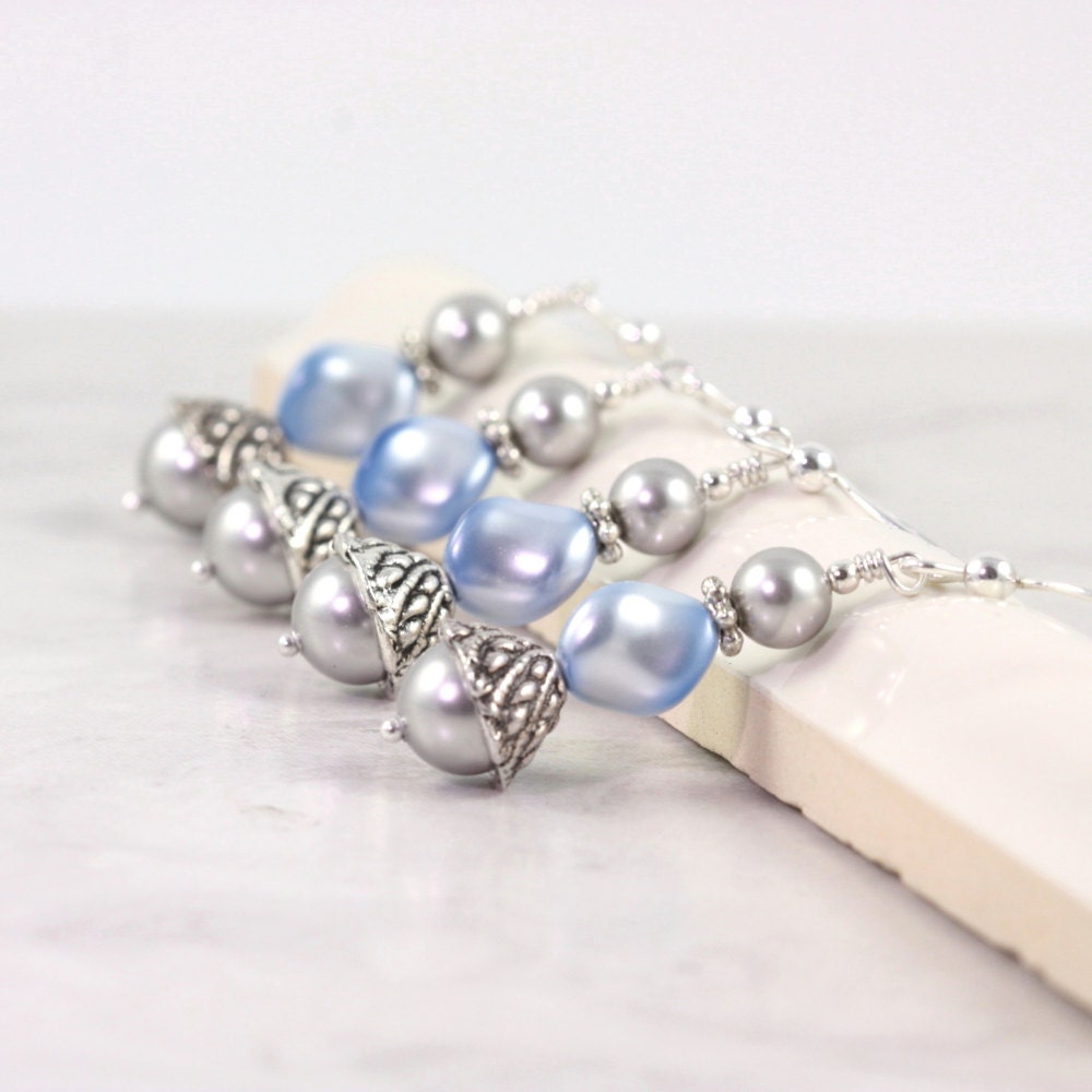 Blue Bridal Earrings Pearl Gray Wedding Sterling Ear Wires Bridal Collection