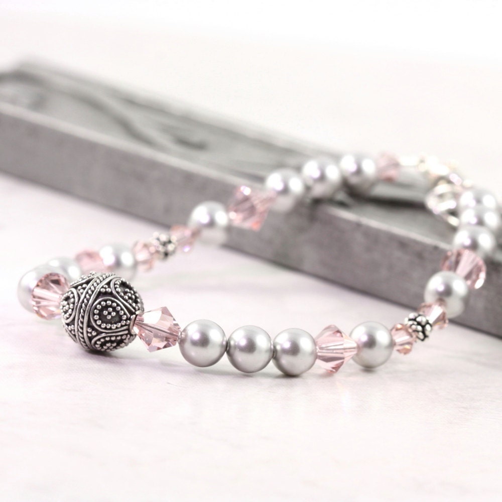 Smoke Gray Pearl Necklace Pink Dusty Rose Mauve Pastel Crystal Sterling Silver Bridal Jewelry Heart Clasp