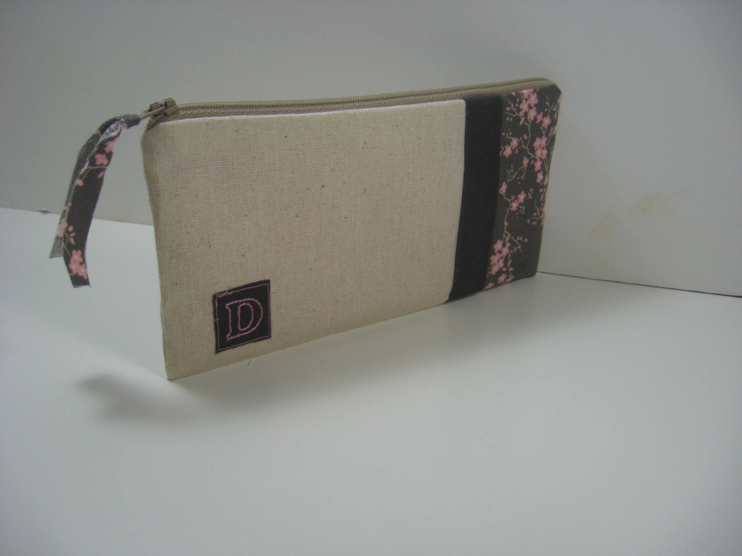 Personalized, Initialed  zipper pouch, iphone wallet, Made To Order - Cherry Blossoms Grey and Pink
