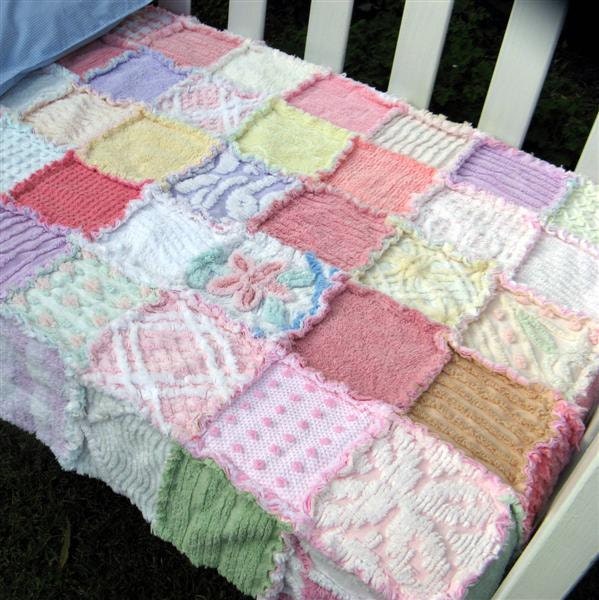 OOAK Vintage Chenille Rag Patchwork Quilt