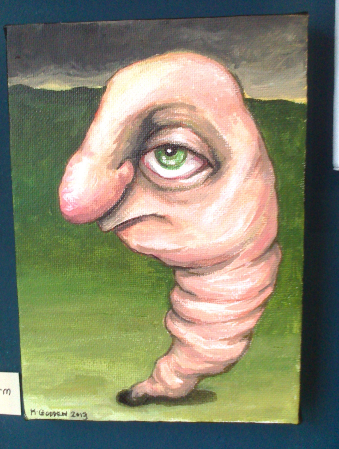 Rain Worm, Original Painting OOAK small canvas
