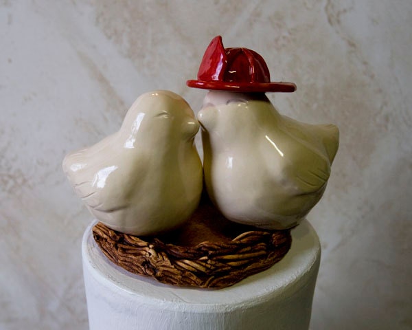 Ivory Firefighter Love Bird Cake Topper