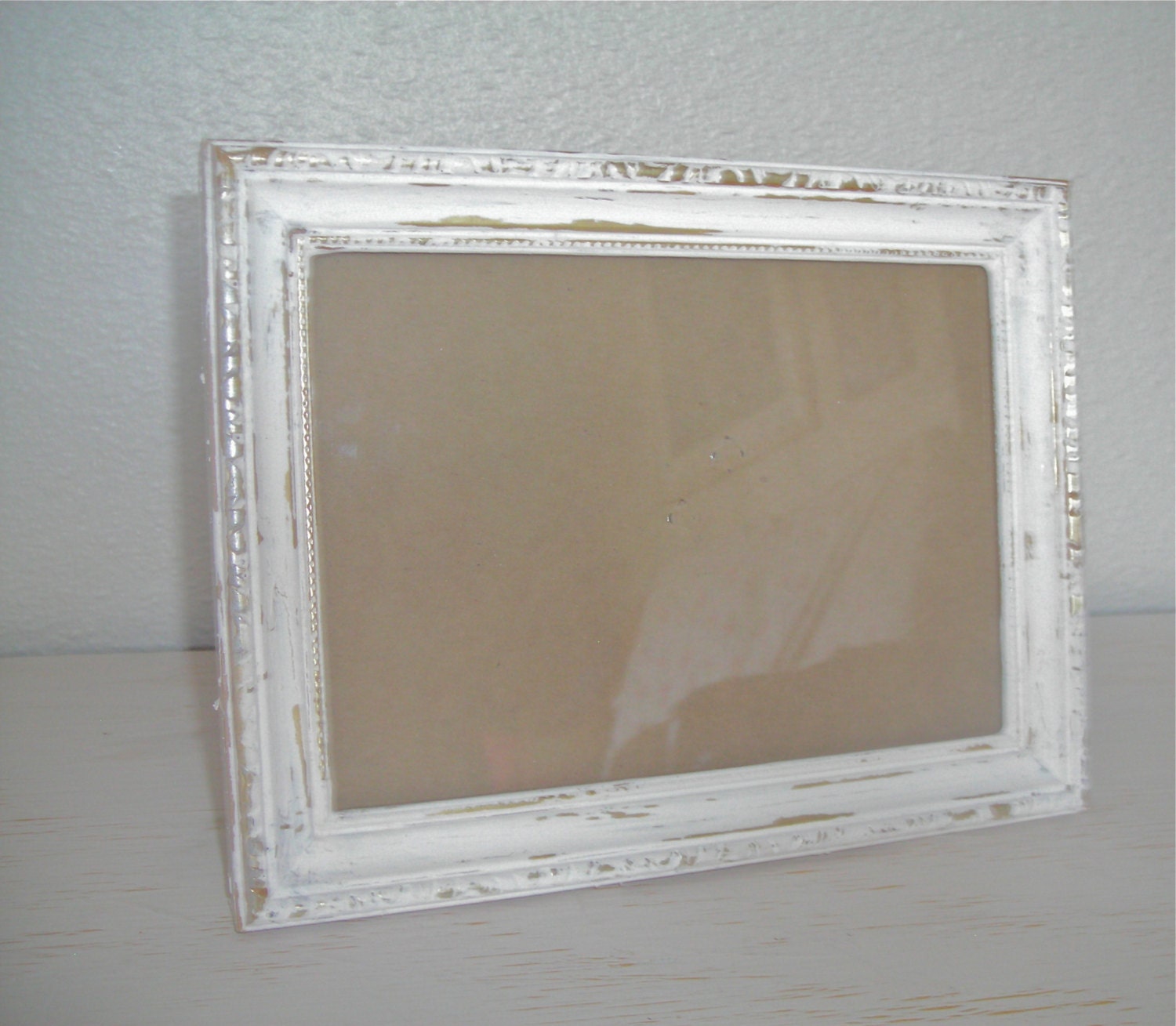 creamy white, gold and silver distressed picture frame - shabby chic cottage decor - ornate ivory hollywood regency - 5" x 7" easel backed