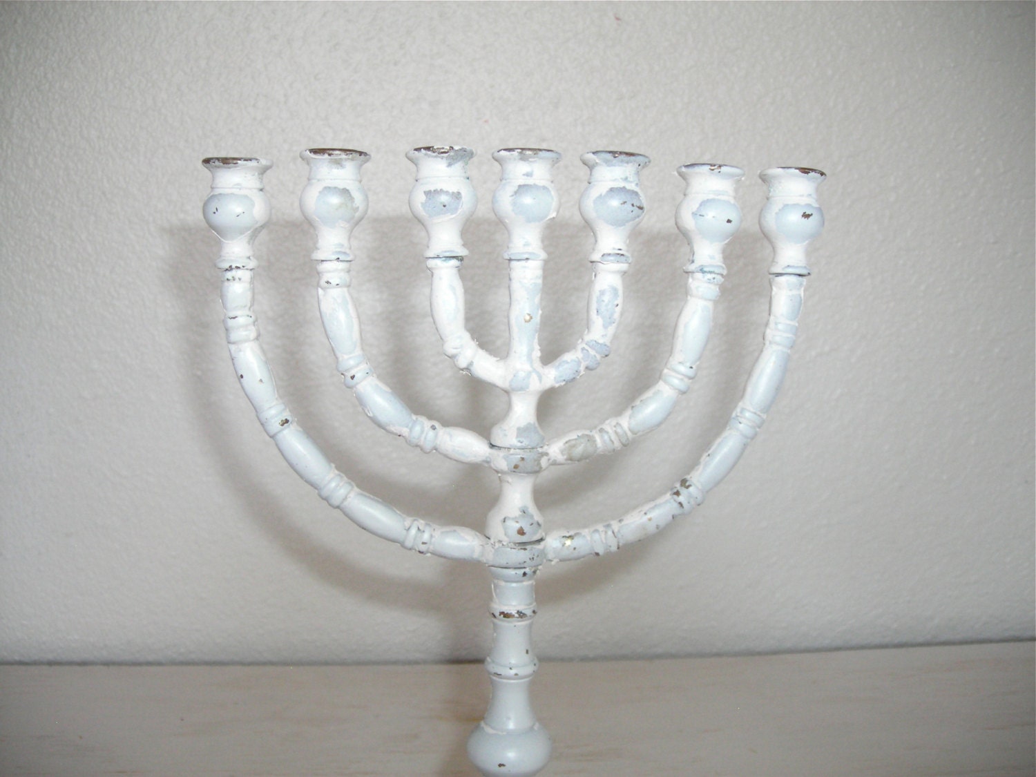creamy white and gold distressed menorah - metal candleholder - shabby cottage chic