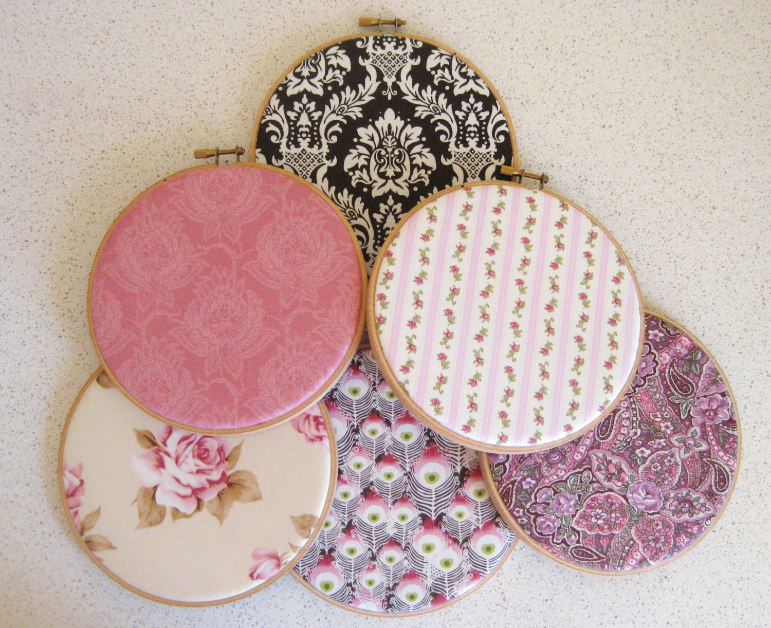 Pink and Brown Cottage Print Embroidery Hoop Wall Art Set of 6