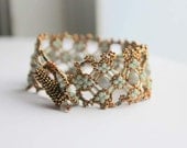 Hand Beaded Sea foam green and bronze Victorian style  Bracelet with 6mm smooth Labradorite and antique brass magnetic clasp