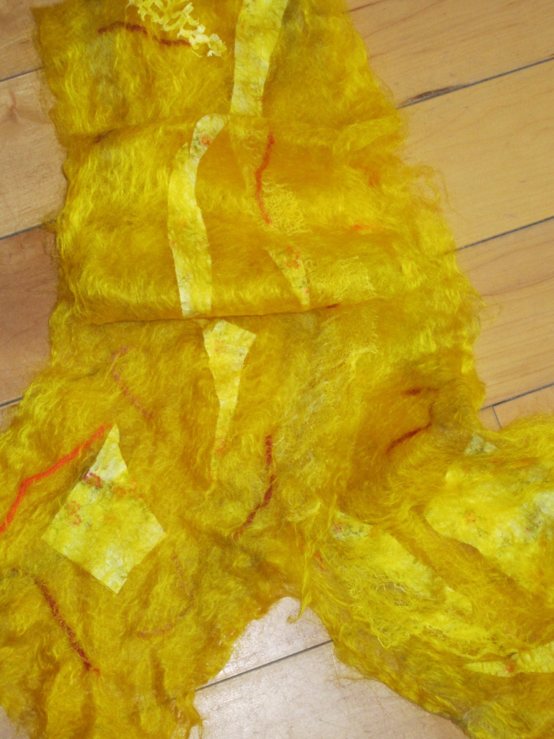Nuno Felted Cobweb-Weight Scarf, Mohair in Bright Yellow with Vintage Fabric