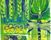 Dragon Fly Garden -Acrylic Illustration-- Art Print -- green garden , for her, home decor---- 5x7