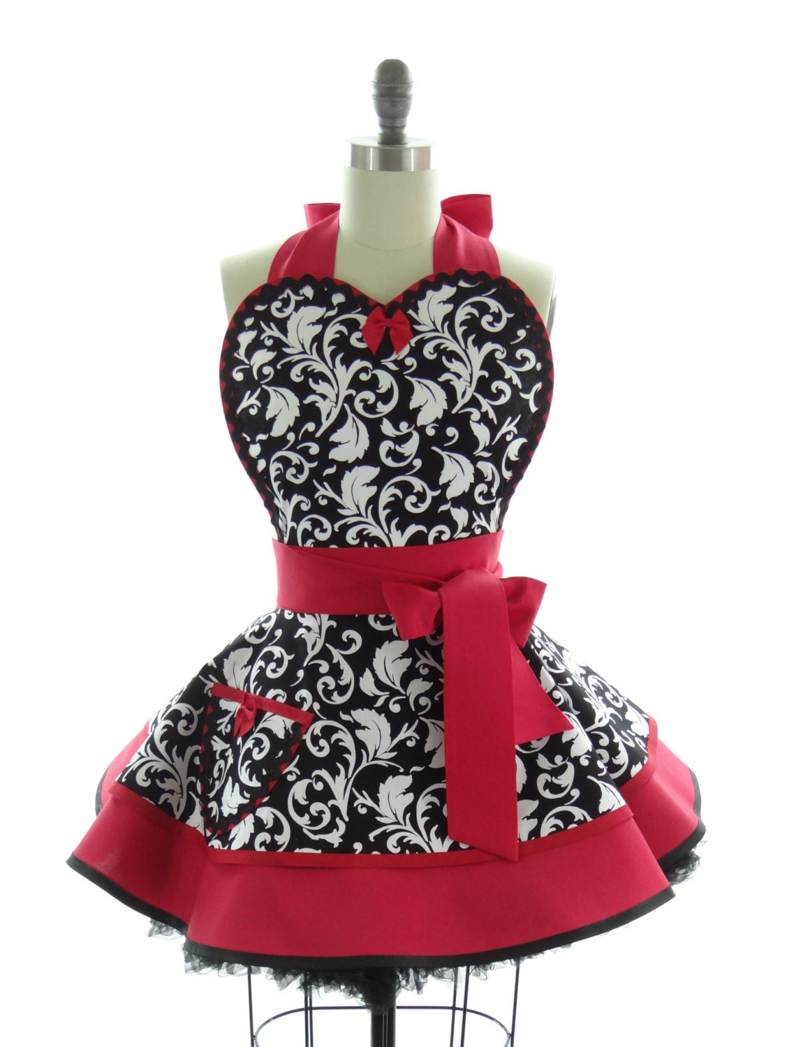 Retro Apron - Red Parisian Sexy Womans Aprons - Vintage Apron Style - Damask Pin up Rockabilly Cosplay Costume