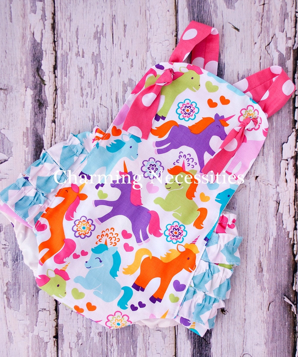 Baby Girl Sunsuit Romper Bubble with Ruffles - Magical Ponies Unicorns