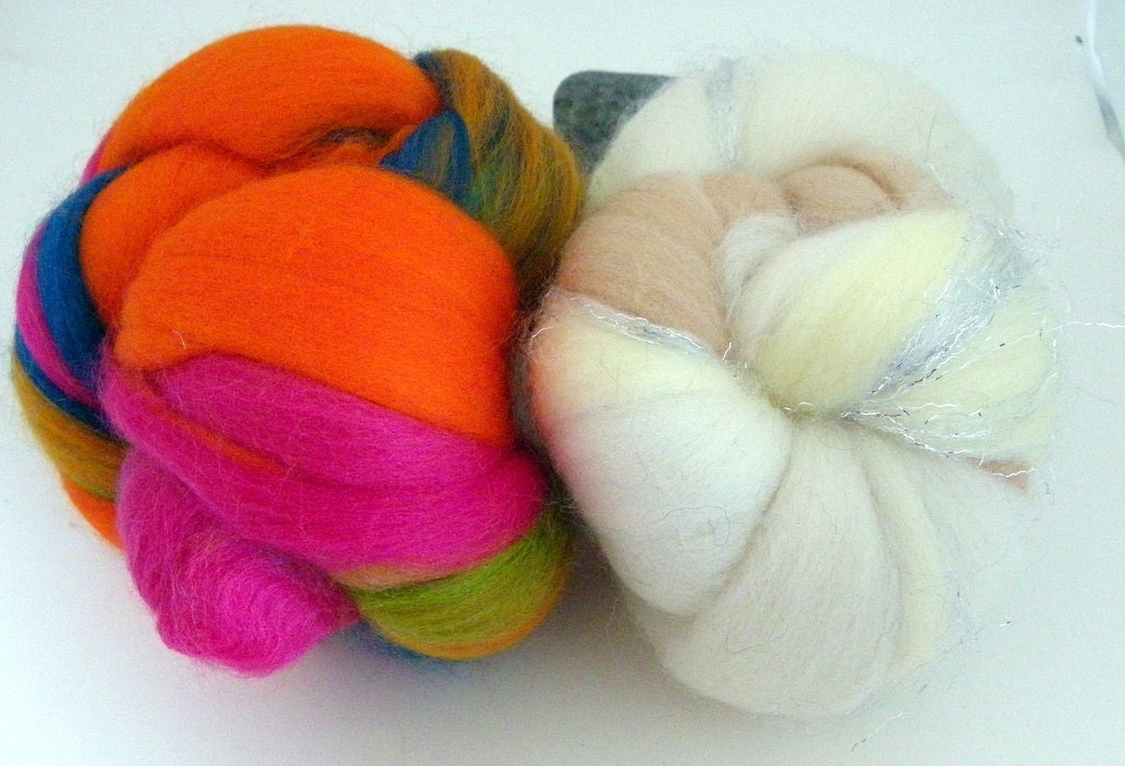 DESTASH SALE - Aurelia Wool Topknots - 2 Bumps of Blended Wool Fiber - One Bump of Naturals and One Bump of Brights